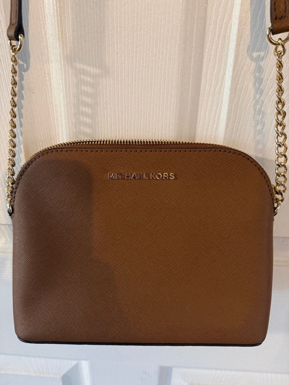 Michael Kors Chestnut Brown Leather Crossbody with Gold Chain